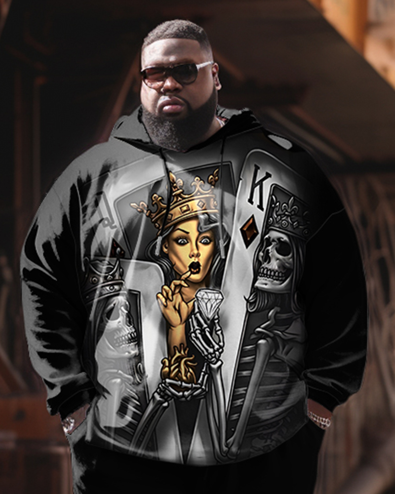 Men's Plus Size 2 Piece Tracksuit Casual Poker Queen Hoodie Pants Set