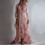 Boho Pink Roses Embroidered Flowy Linen Maxi Dress - Image 2