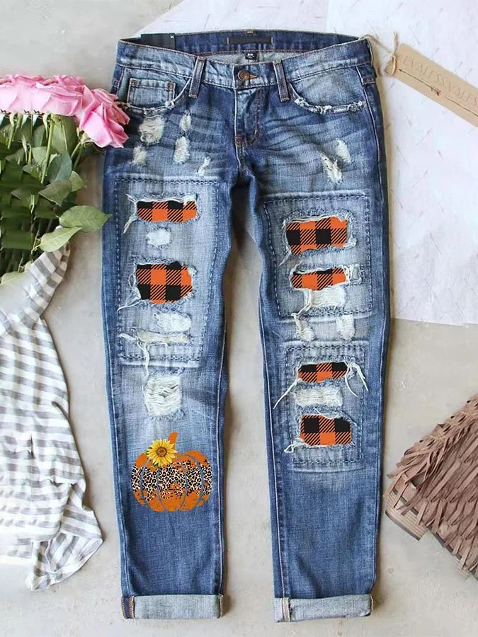 Halloween Pumpkin Print Straight Jeans