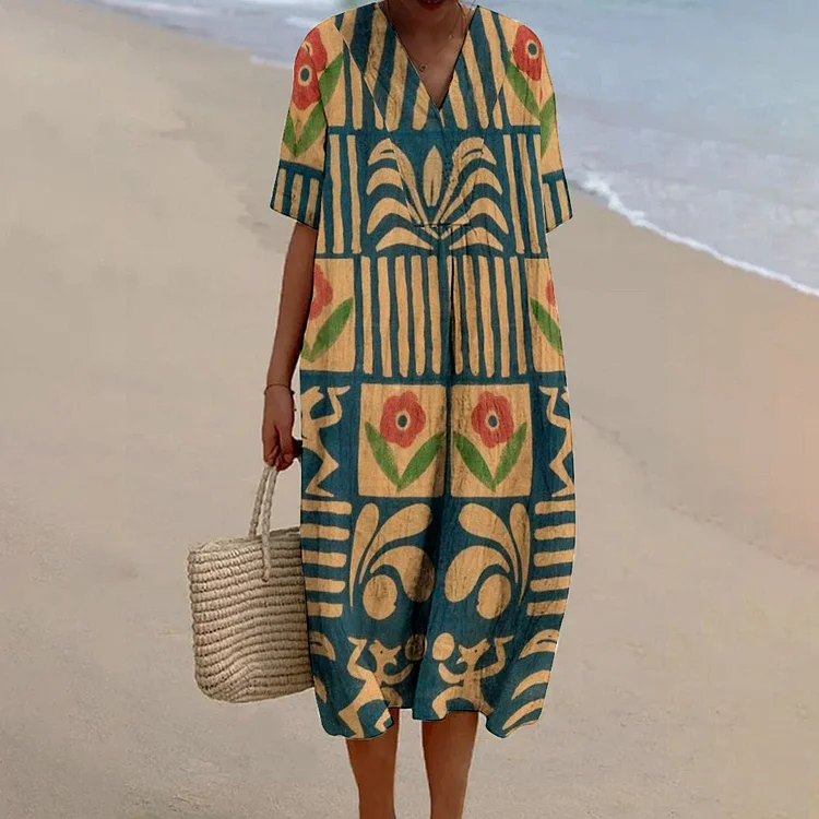 Women's Retro Colorblock Print Flowy Linen Dress