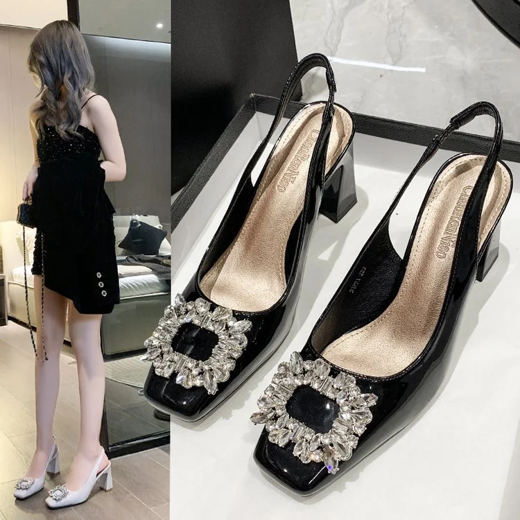 Wongn Wongn Summer New Fashion Baotou Square Head Diamond Square Buckle Set High Heel Sandals Thick Heel Women's Shoes