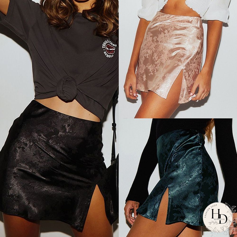 Summer Women Split Skirt Sexy Jacquard Satin High Waist Zip Skirt Women Party Black Skirt Ladies Sexy Short Beach Skirts