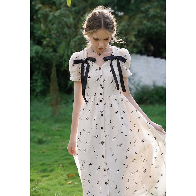 Fairy Tales Aesthetic Fairycore Floral Bowknot Dress QueenFunky