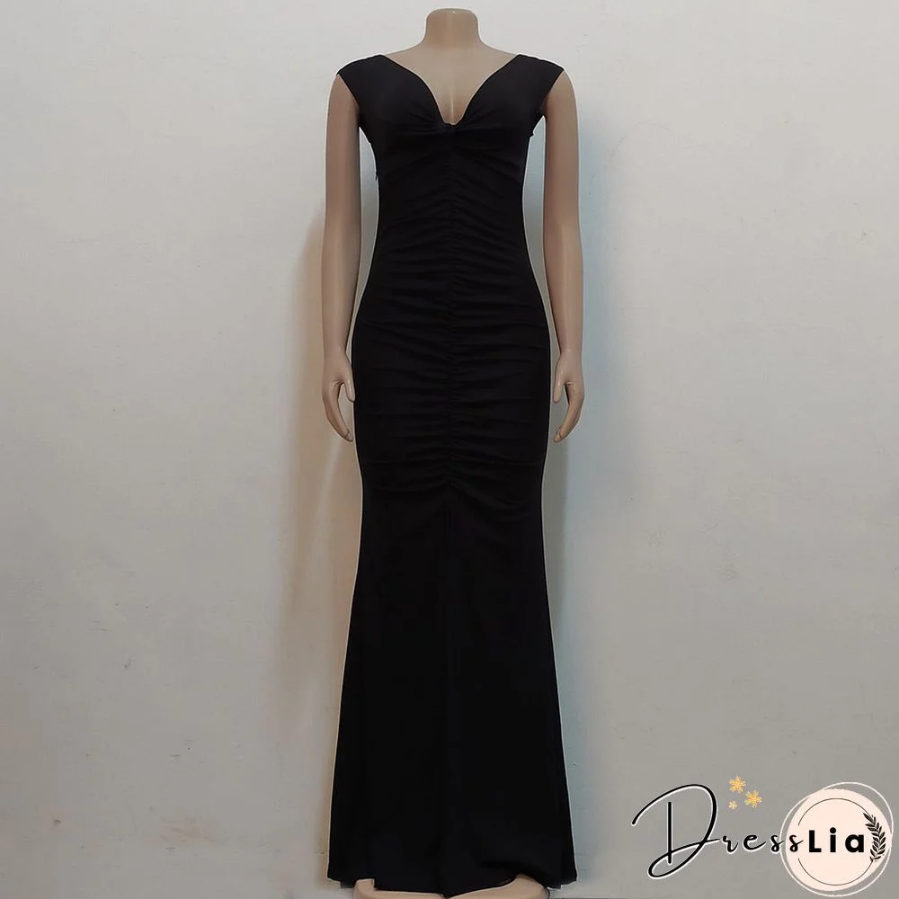 Low Cut Slash Neck Ruched Split Maxi Cocktail Dresses