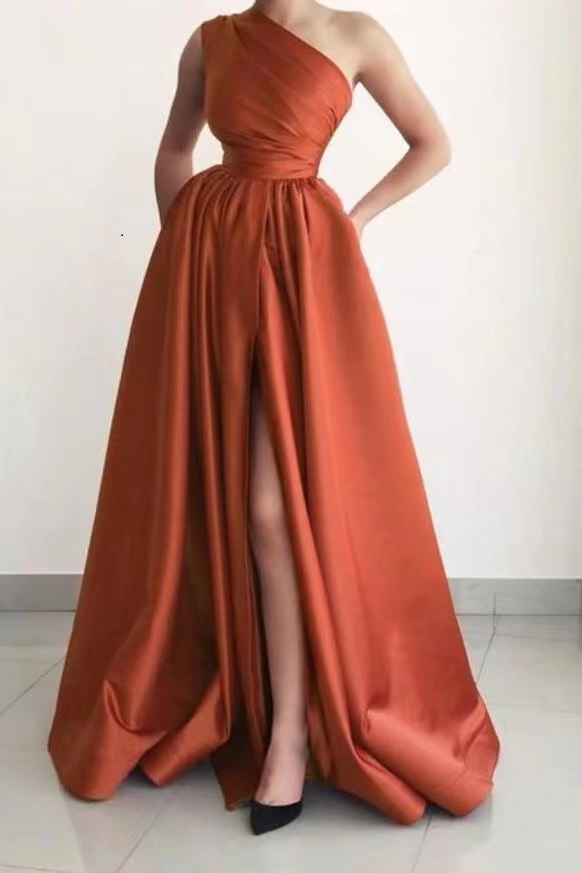 Oknass Burnt Orange Elegant One Shoulder Prom Dress A Line Split With Pockets