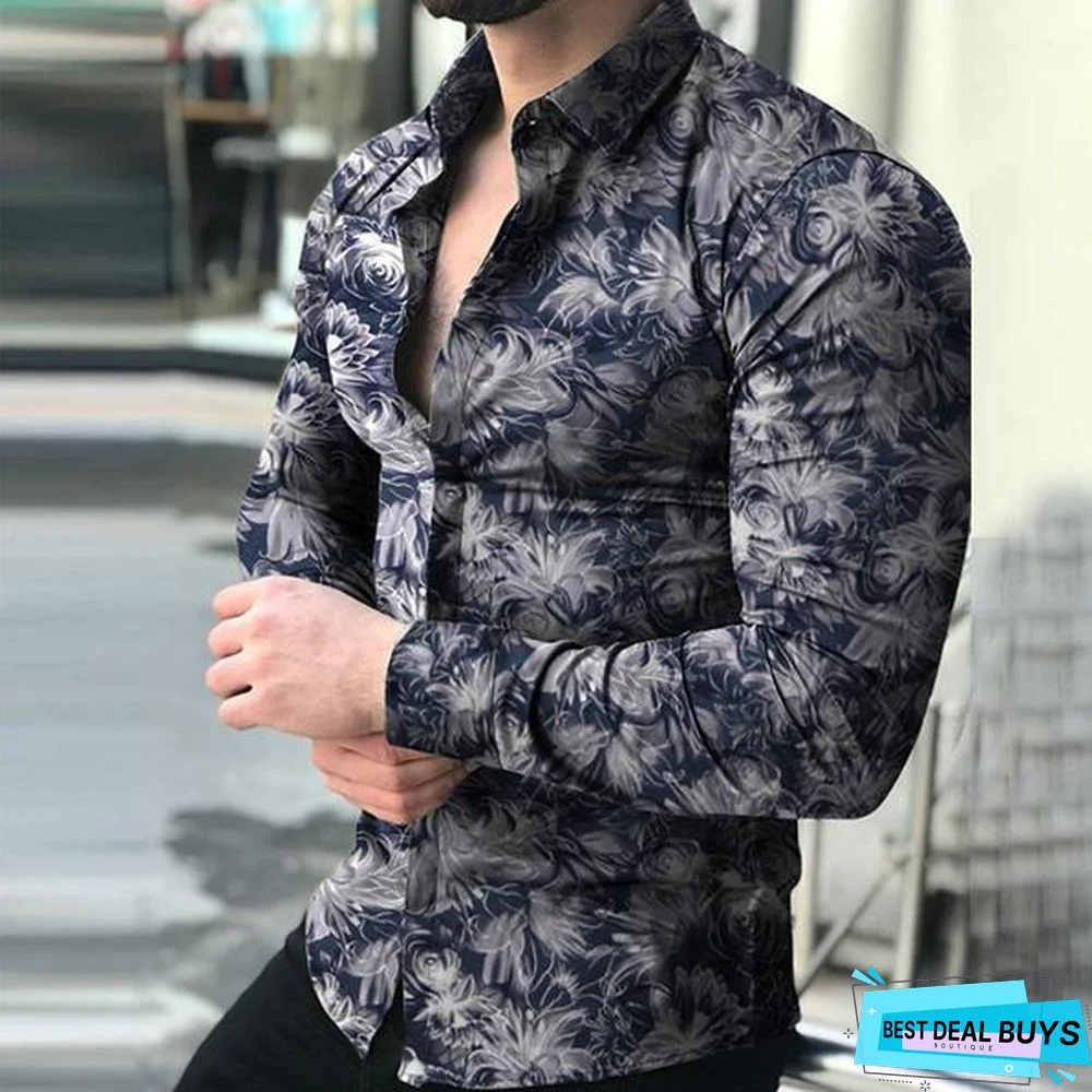 Men Casual Fashion Printed Long Sleeve Turndown Collar Shirts