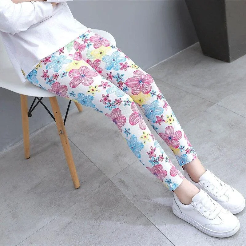 2-10Y Girls Leggings Kids Skinny Bottoms Spring Autumn Flower Print Pants Cute Pencil Pants Children Casual Trousers Girl Capris