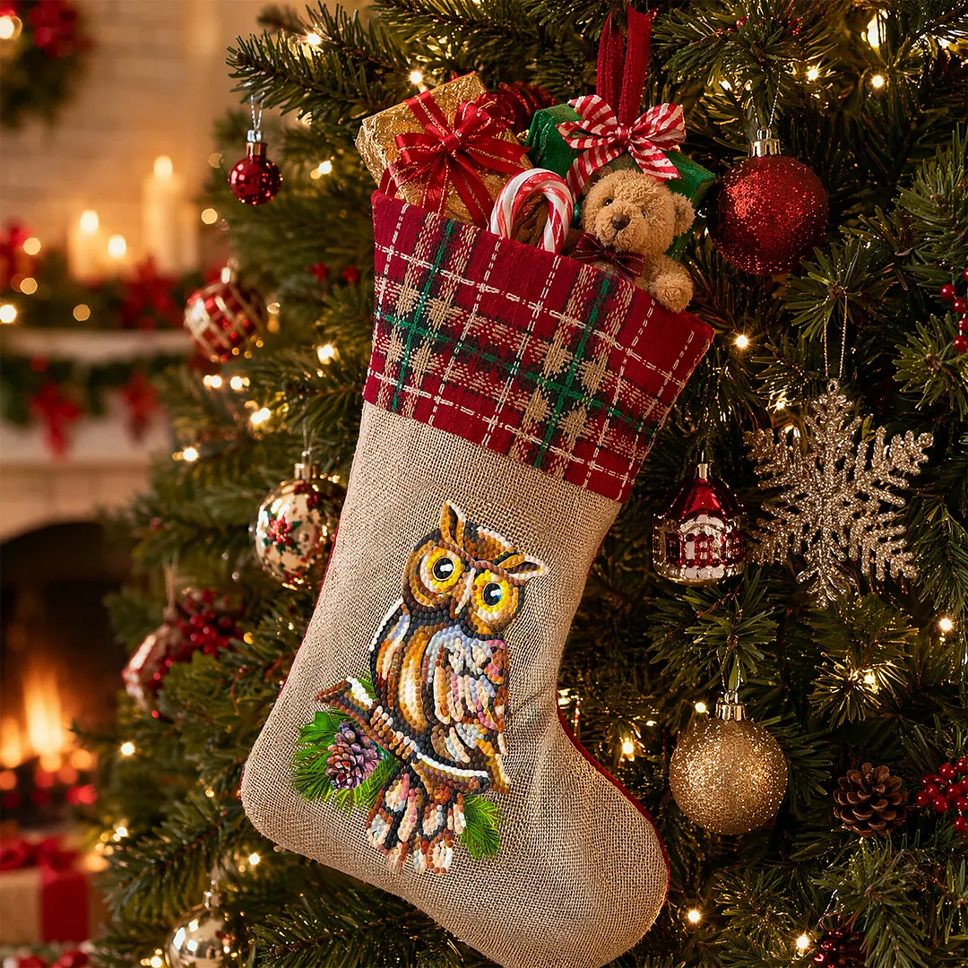 DIY Diamond Painting Christmas Stockings Hanging Ornaments Large Capacity Xmas Socks Pendant Wear Resist Candy Gift Storage Bags for Family Christmas Holiday Party Decoration (Owl)