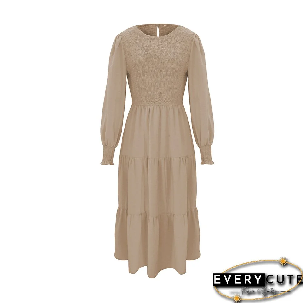 Khaki Crew Neck Smocked Swing Midi Dress