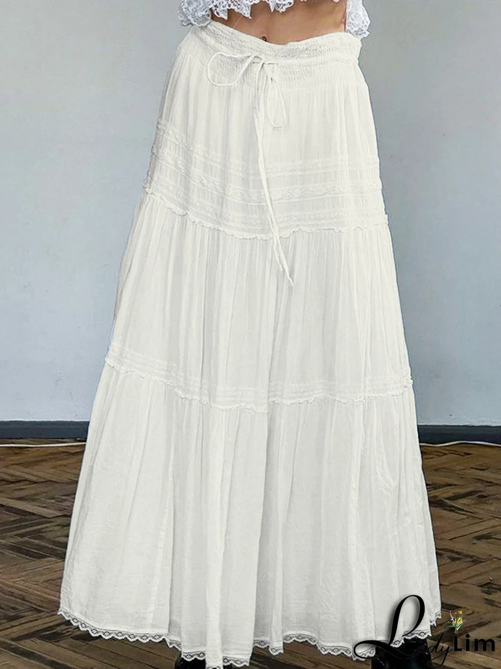 French Lace Splice Drawstring Maxi Skirt