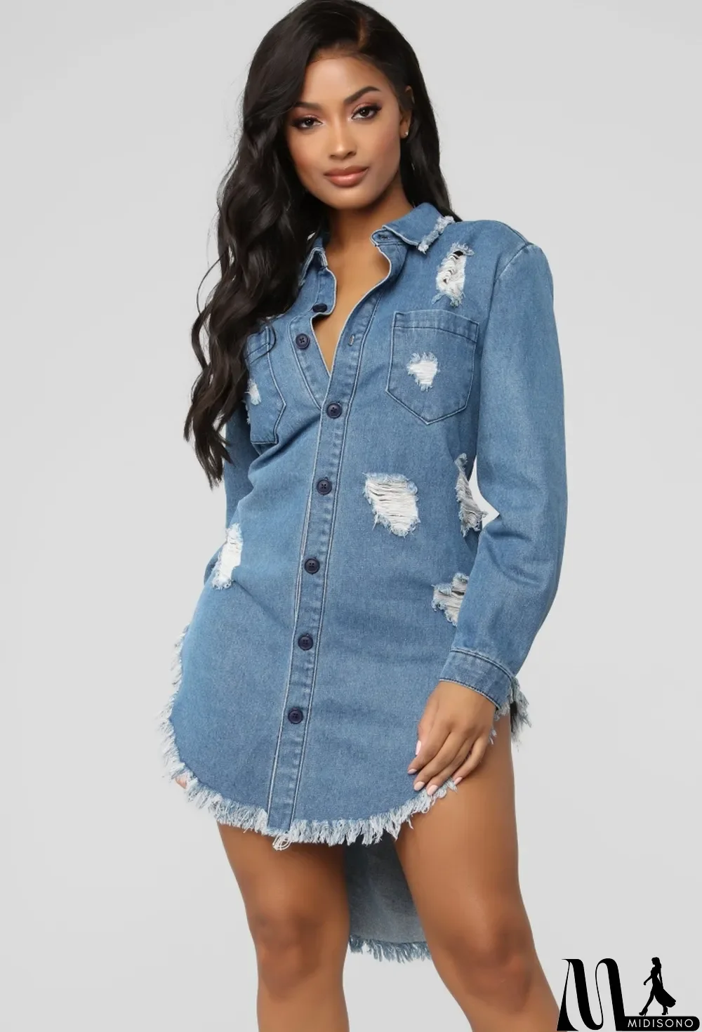MidiSono - Autumn Casual Button Up Fringe High Low Long Jeans Denim Jacket
