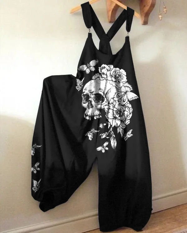 Punk floral skull print casual jumpsuit