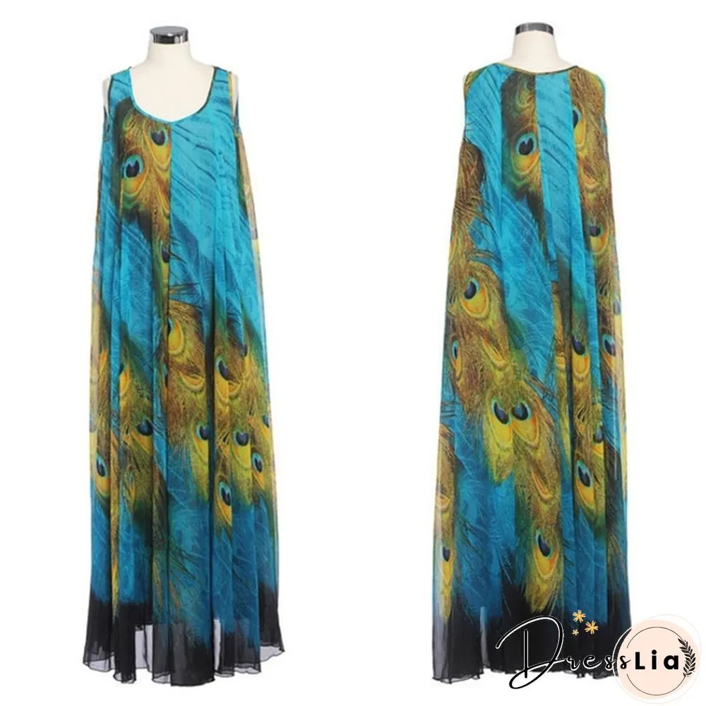 Women Maxi Evening Party Dress Summer Boho Long Beach Chiffon Peacock Dress M-XXL