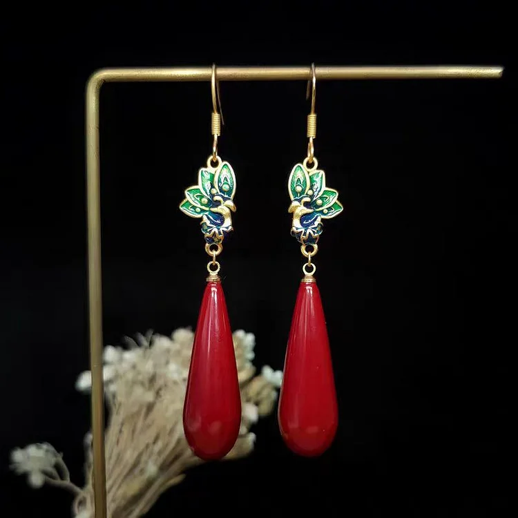 Fine Red Antique Gold Cloisonne Cinnabar Water Drop Drop Earrings