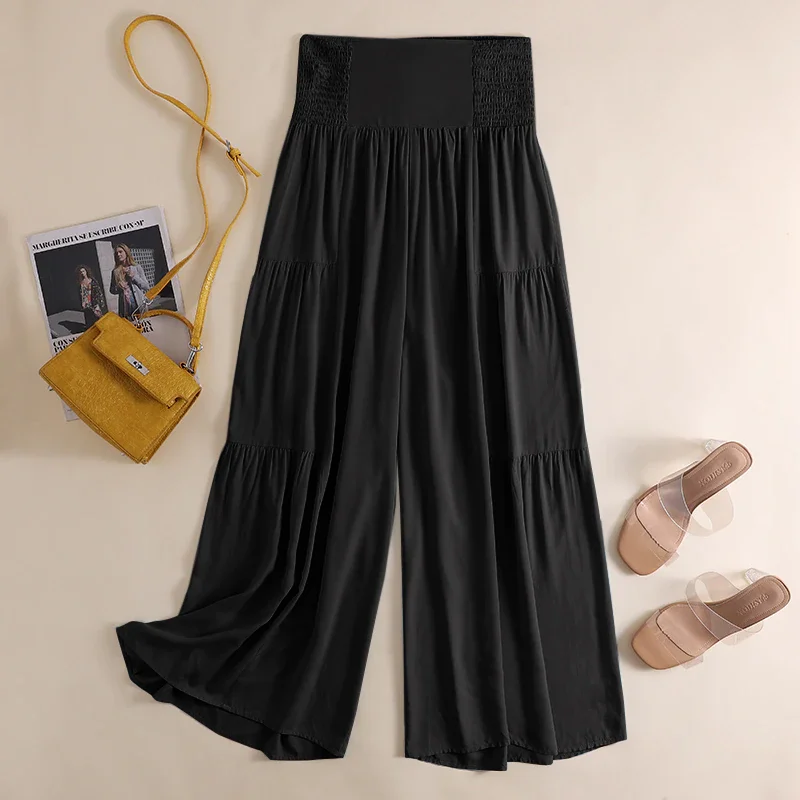 Brownm ZANZEA Women's Wide Leg Pants 2022 Summer Pleated Patchwork High Waist Pants Casual Solid Loose Long Pants Lady Oversized Pant 7