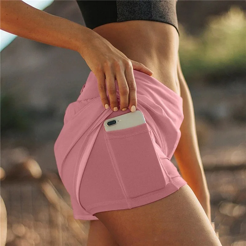 Quick Dry High Waisted Workout Sport Running Solid Shorts Women Double Layer Fitness Training Shorts With Phone Pocket