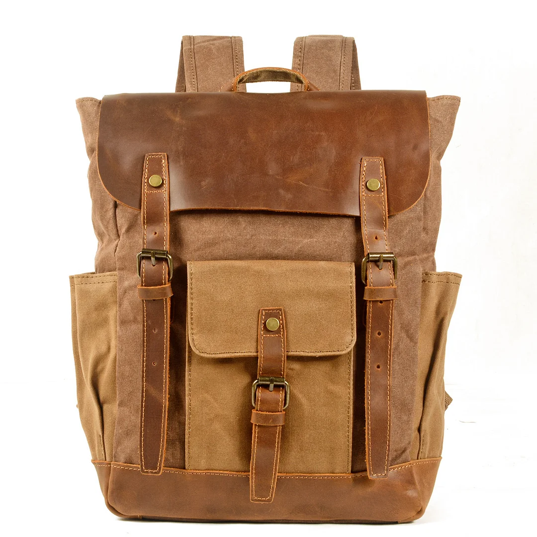 Retro Outdoor Backpack Canvas Stitching Crazy Horse Leather Backpack Waxed Waterproof Computer Bag Unisex
