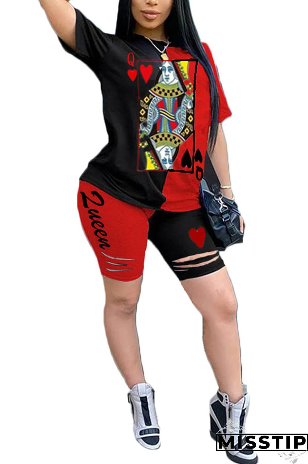 Blue venetian Fashion Casual Patchwork Print Two Piece Suits pencil Short Sleeve Two Pieces