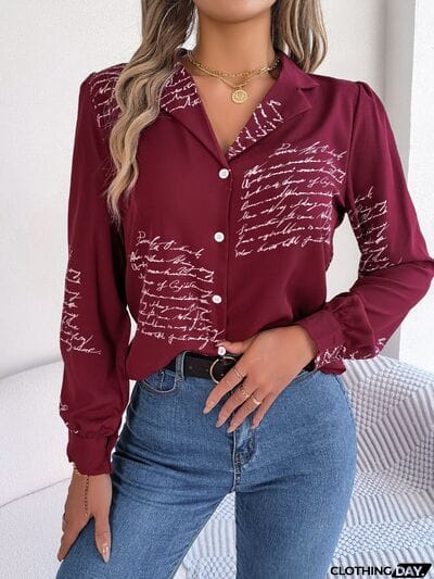 Letter Printed Button Up Long Sleeve Blouse