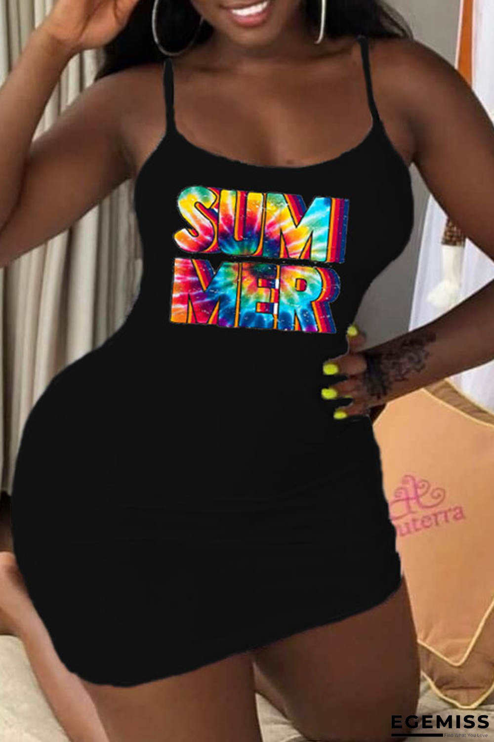 Black Sexy Print Patchwork Spaghetti Strap Pencil Skirt Dresses | EGEMISS