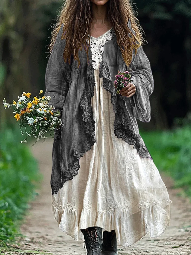 Bohemian Lace Patchwork Flowy Linen Dress