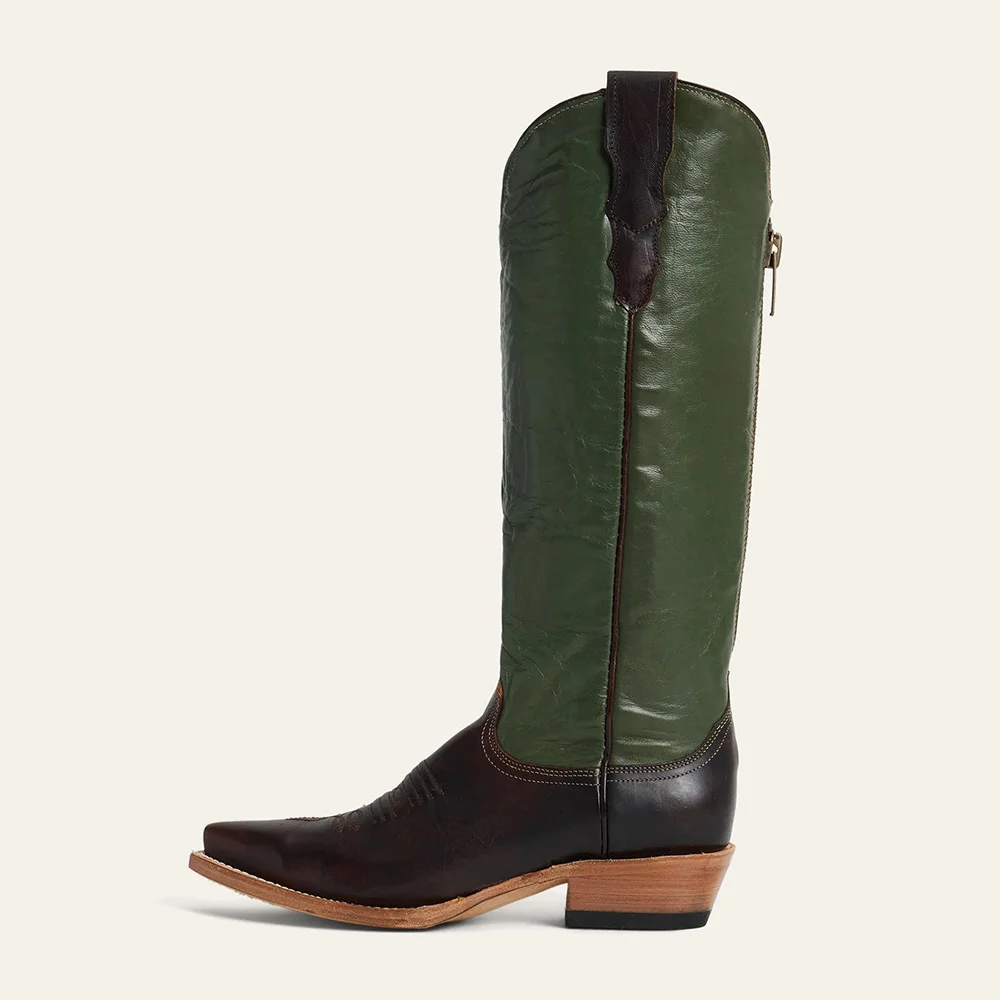 Black & Green Embroidered Knee High Snip Toe Western Boots with Zip