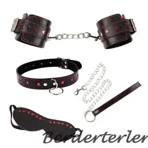 pornhint Pornhint 3pcs/Set Heart PU Leather Padded Handcuffs Wrist Cuffs Neck Collar Eye Mask Set