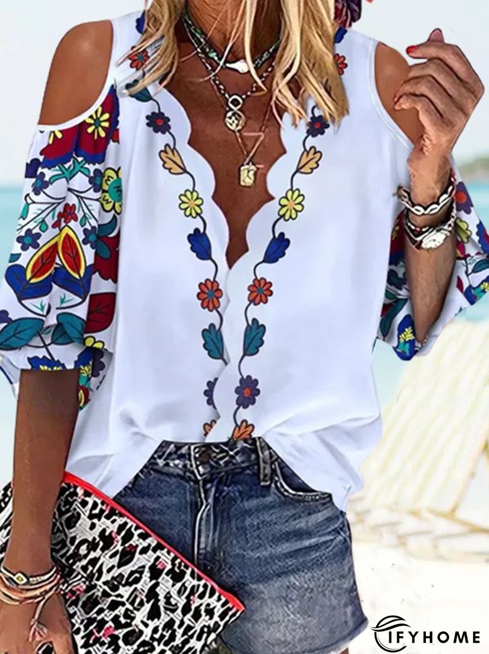 Half sleeve V Neck Floral Tops | IFYHOME