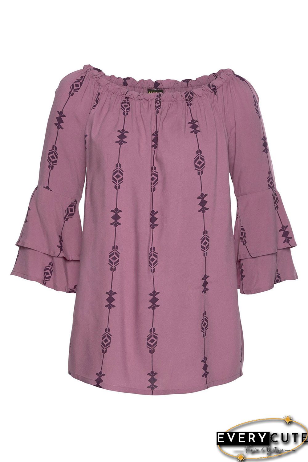 Purple Elasticised Neck Floral Print Blouse