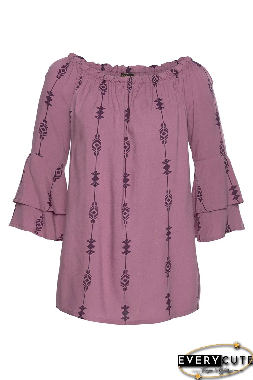 Purple Elasticised Neck Floral Print Blouse