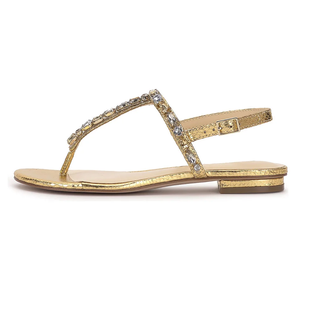 Metallic Snakeskin Print Round Toe Buckle Flat Rhinestone Gold Sandals