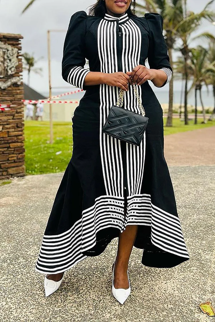 Plus Size Semi Formal Midi Dresses Elegant Black Striped Fall Winter 3/4 Sleeve Cotton Midi Dresses [Pre-Order]