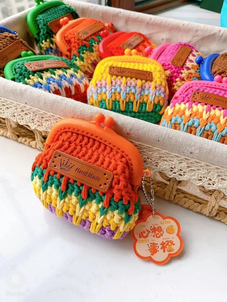 Lulusnow Handmade Multicolor Summer Rainbow  Small Money Pouch Crochet Mini Bag Coin Purse