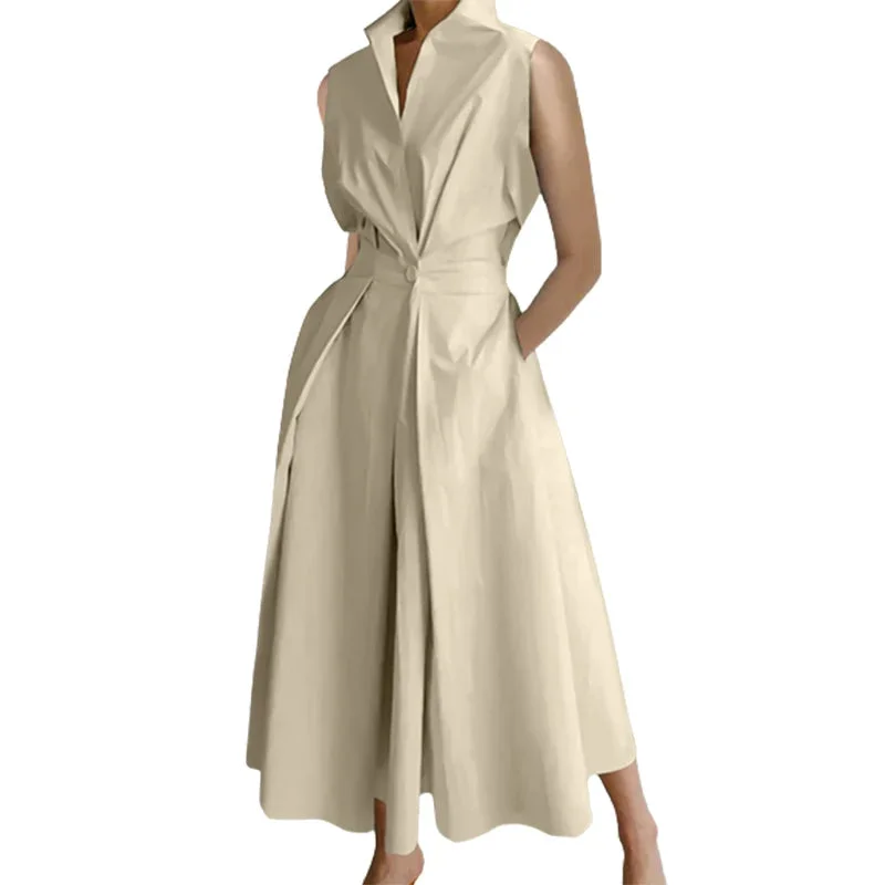 Tlbang Urban Female Elegant A-line Dress 2023 Summer Korean Fashion Sleeveless Solid Color Lapel Midi Dresses For Women