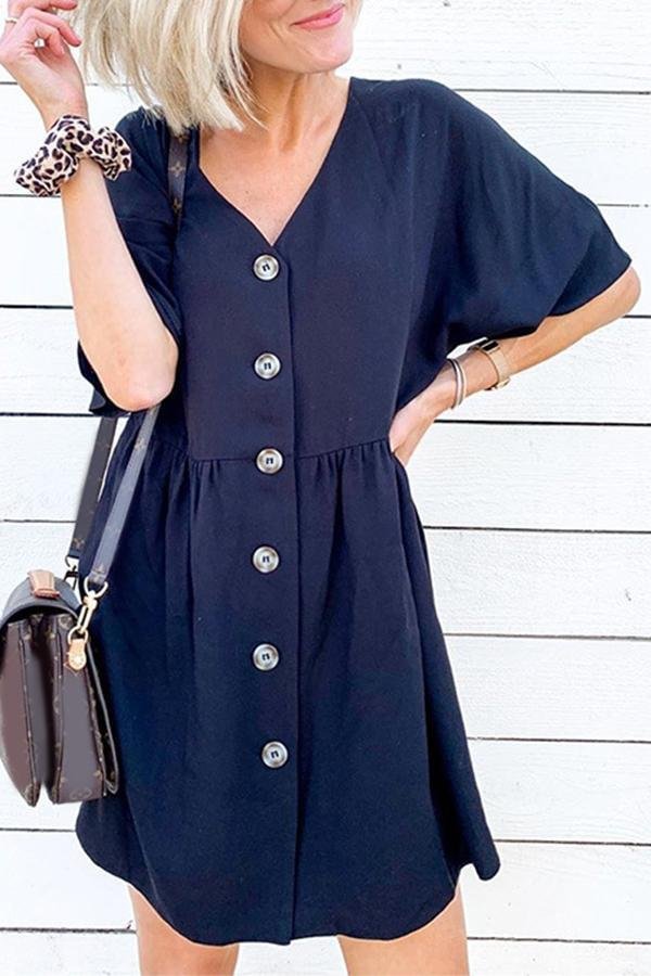 Solid-color Casual Buttoned V-neck Dress P15350