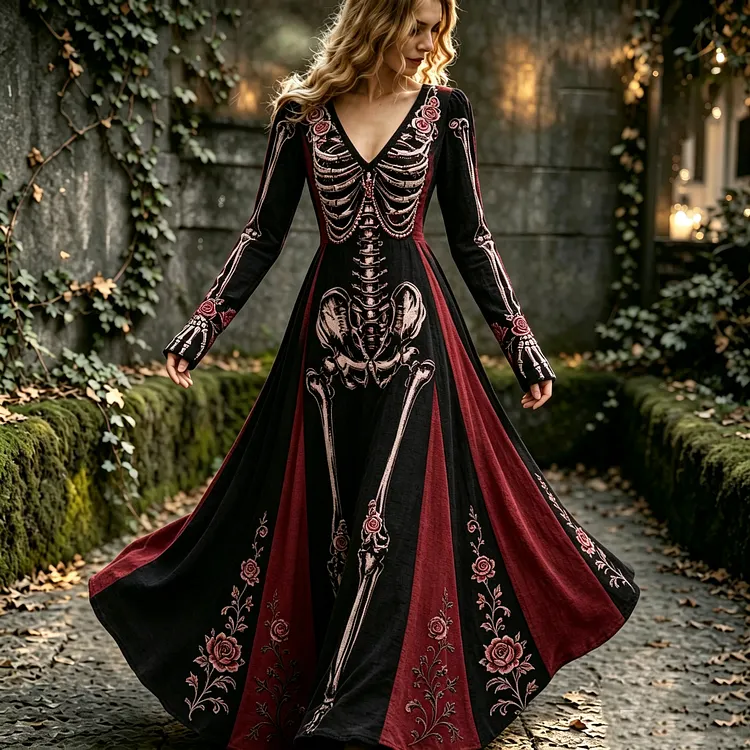 Women's Retro Halloween Human Structure And Rose Color-blocked V-neck Dress