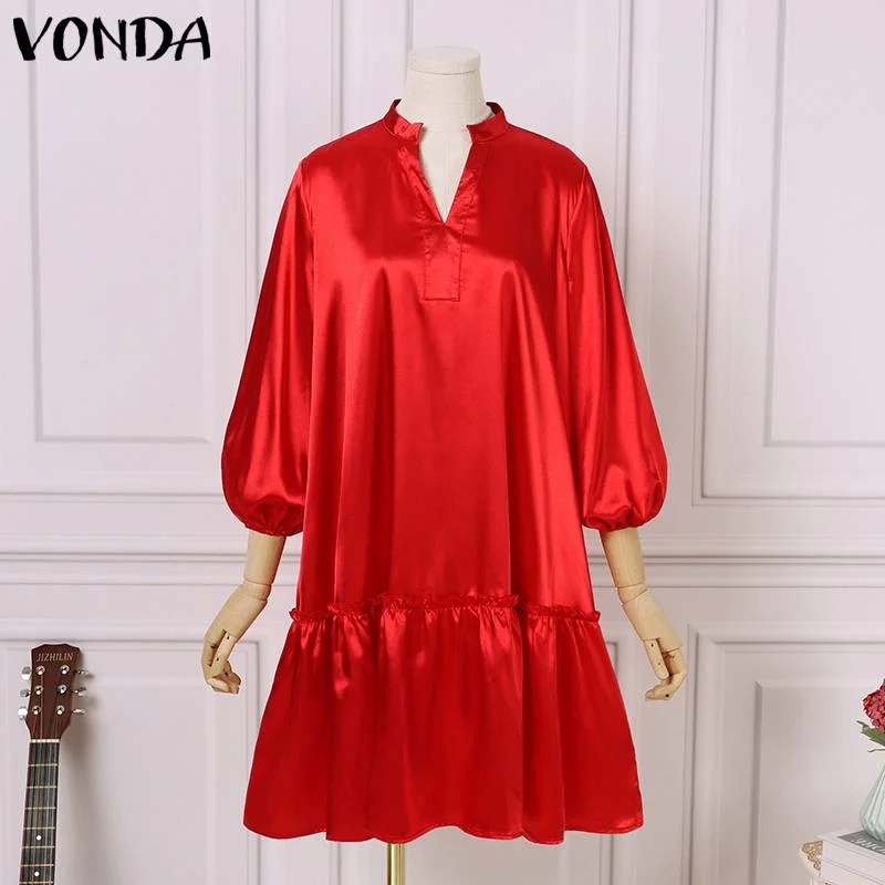 VONDA 2022 Summer Women Lantern Sleeve Mini Dress Sexy V Neck Solid  Holiday Robe Bohemian Party Vestido Loose Baggy Sundress