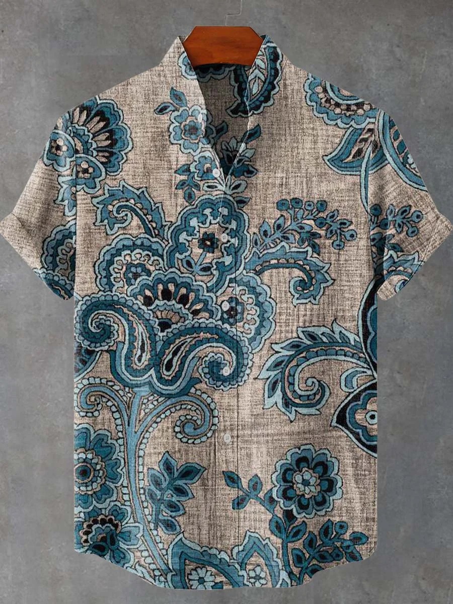 Vintage Blue Paisley Flowers Casual 100% Cotton Shirt