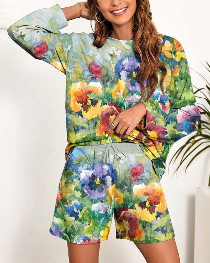 Casual Floral Print Sport Two Piece Outfits