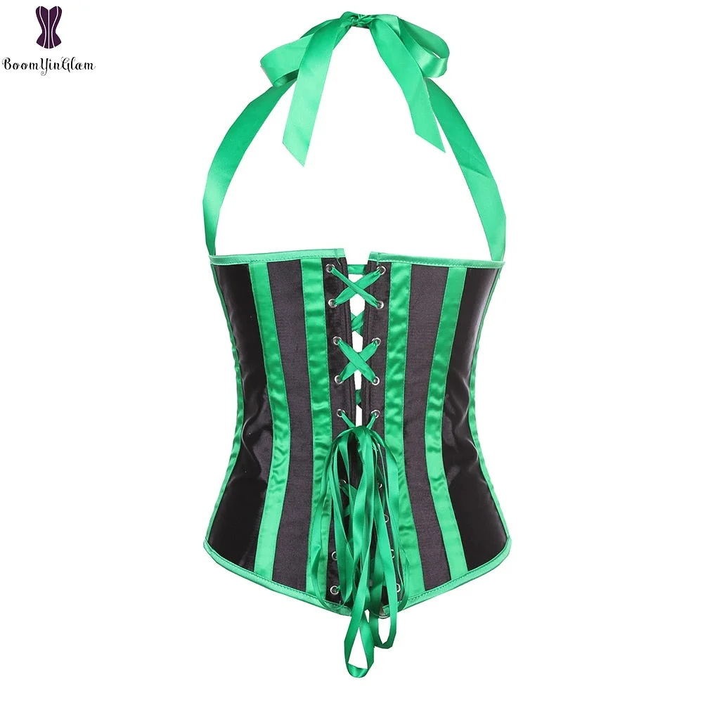 Plus Size Satin Striped Corselet Waist Cincher Shaper Outfit Costumes Halter Neck Underbust Corset Top With G String 2831#