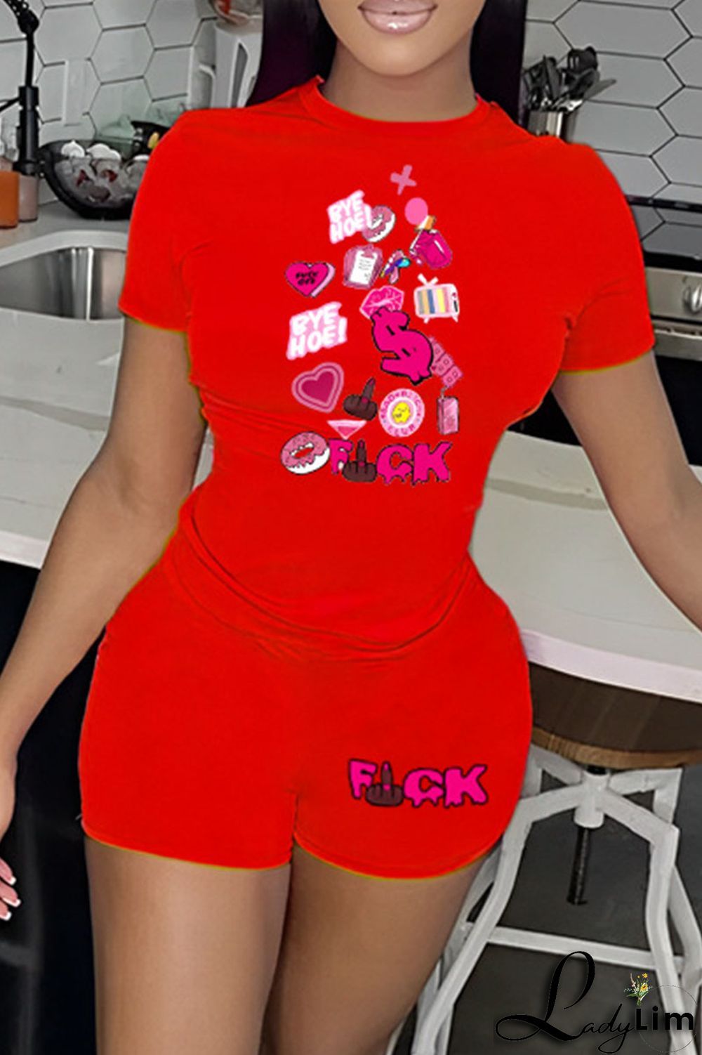 Orange Casual Print Patchwork O Neck Short Sleeve Two Pieces