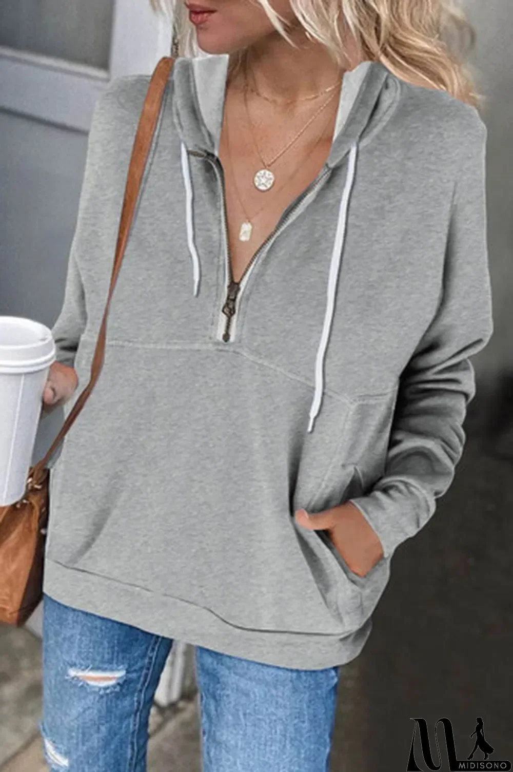 MidiSono - Gray Half Zip Long Sleeve Hoodie with Pocket