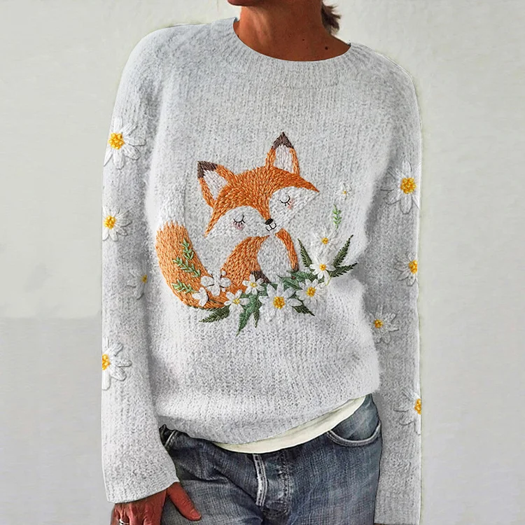 Utbros Floral Fox Print Casual Women's Sweater