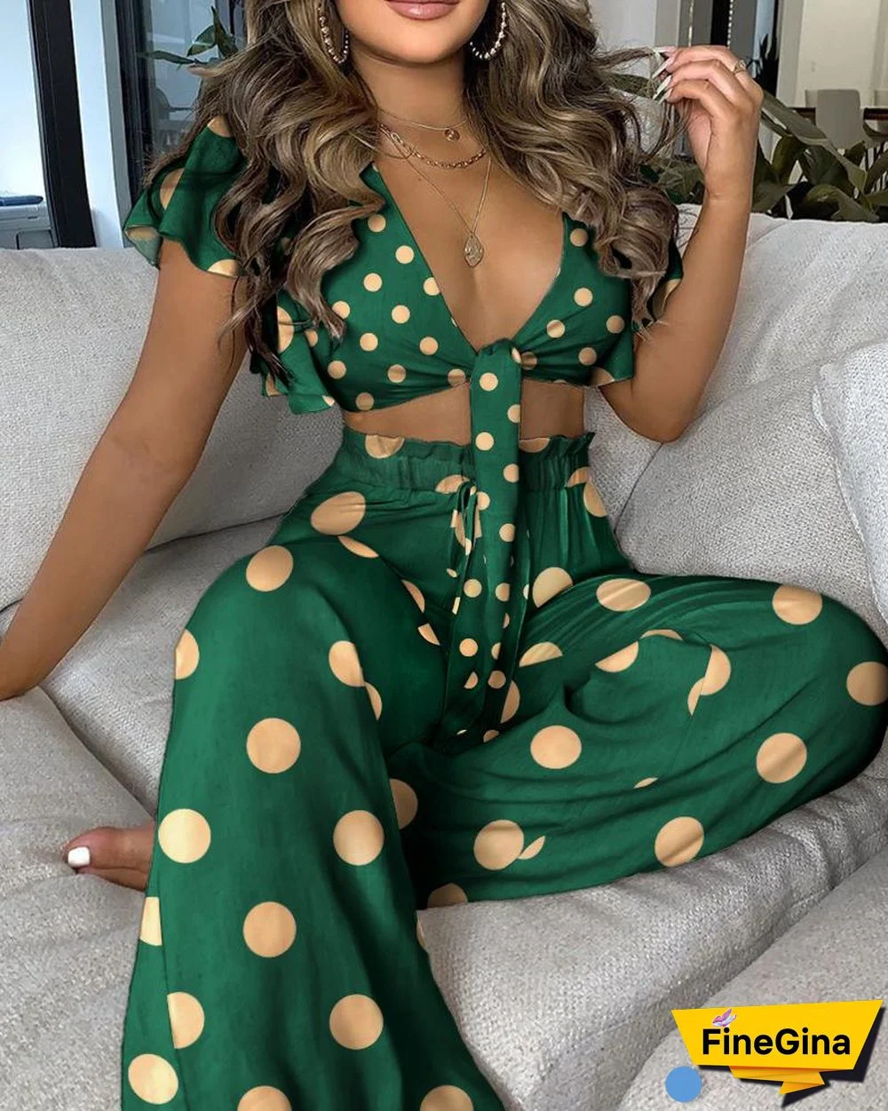 Polkadot Print Ruffles Sleeve Knotted Top & High Waist Pants Set