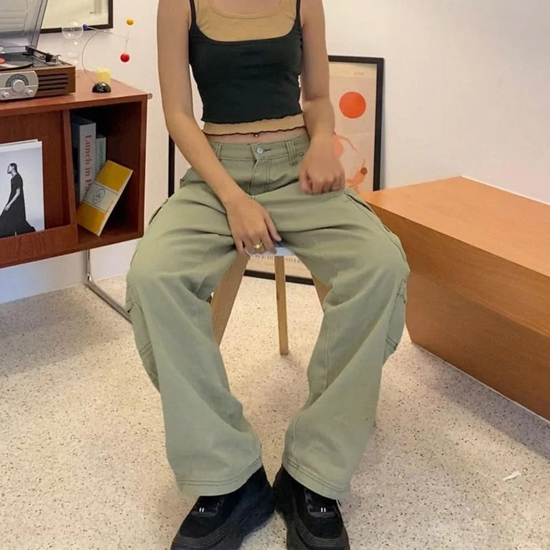 Rapcopter y2k Green Cargo Jeans Big Pockets Low Waisted Trousers Harajuku Casual Basic Sweatpants Women Retro Sporty Joggers 90s