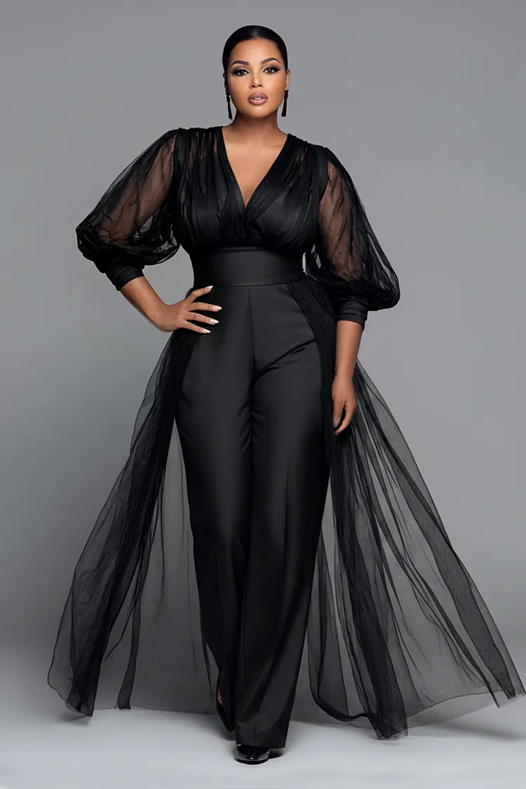 Xpluswear Design Plus Size Formal Tulle Black V Neck Lantern Sleeve 3/4 Sleeve With&nbsp;Skirt&nbsp;Overlay&nbsp;See Through Satin Jumpsuits [Pre-Order] 2024 - Xpluswear
