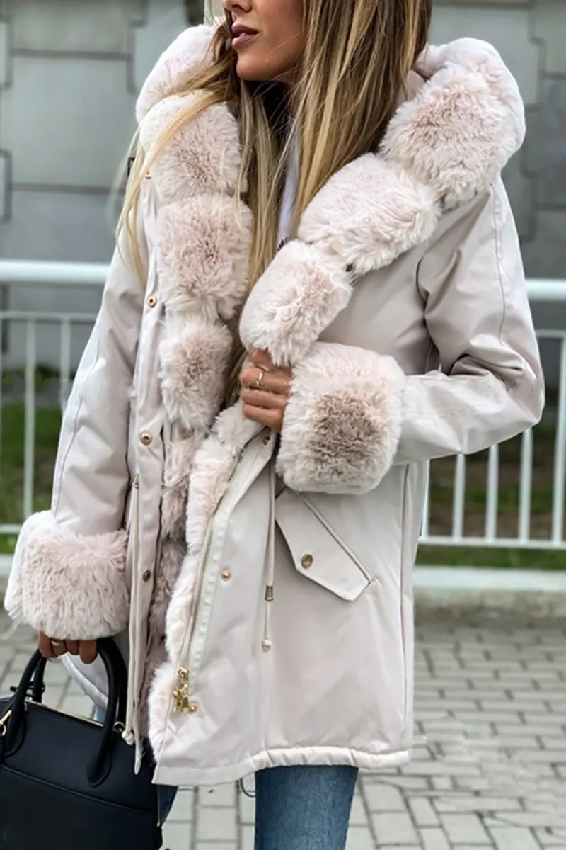 Drawstring Waist Fur Collar Fluffy Hooded Coat