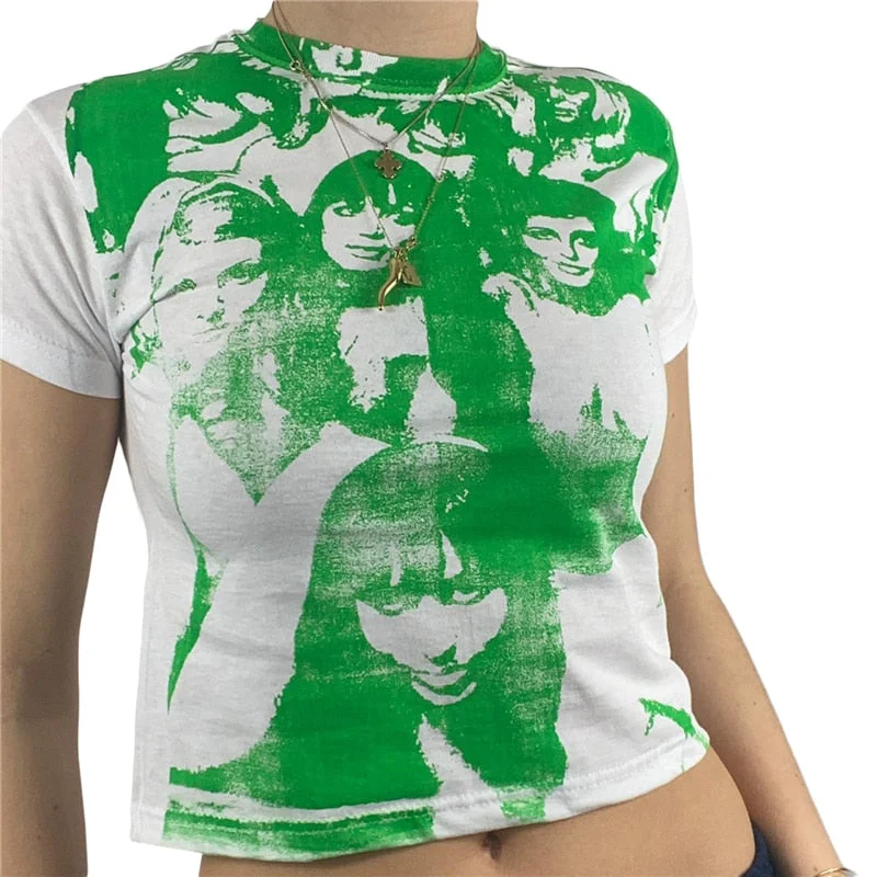 Xingqing Gothic Portrait Print T-shirt Aesthetic Short Sleevle Sweats Tees Harajuku Streetwear White Crop Top Women Clothes