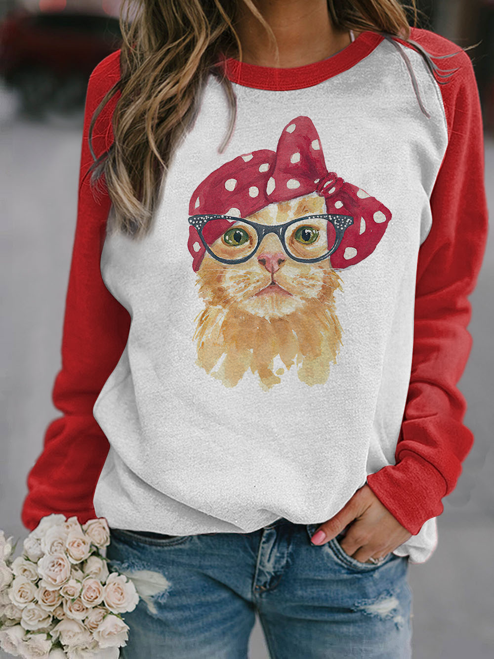 Cute Cat Print Casual Crew Neck Sweatshirt