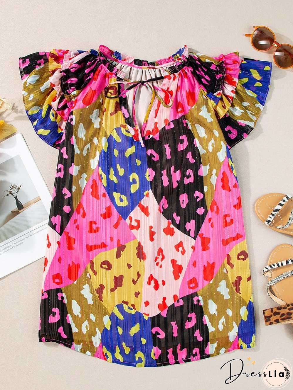 Rose Patchwork Leopard Print Ruffle Sleeve V Neck Blouse